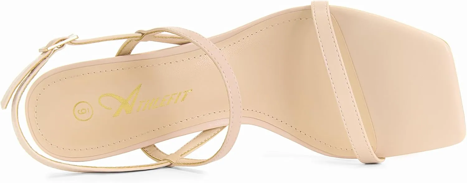 Athlefit Women's Strappy High Heels Square Open Toe Heeled Sandals Ankle Strap Dressy Wedding Party Shoes