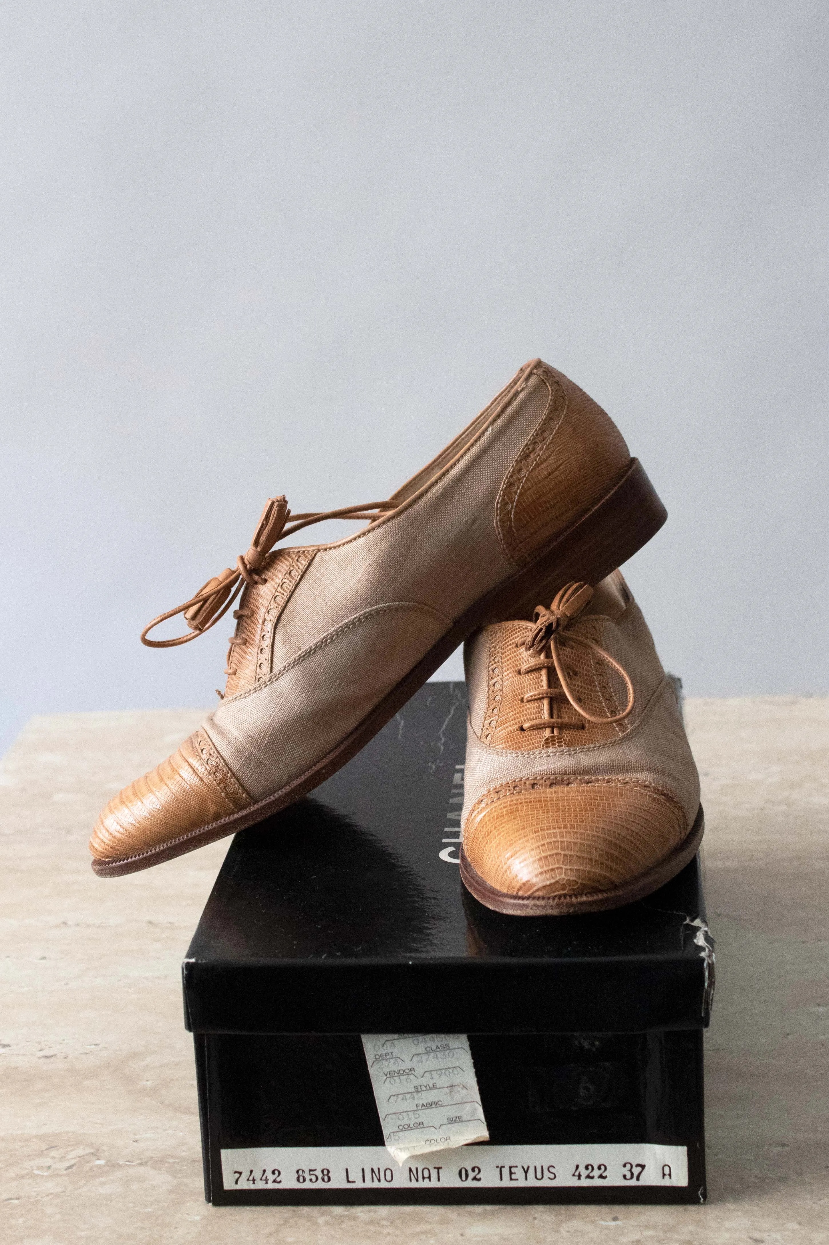 Chanel Brown Lizard and Canvas Flats