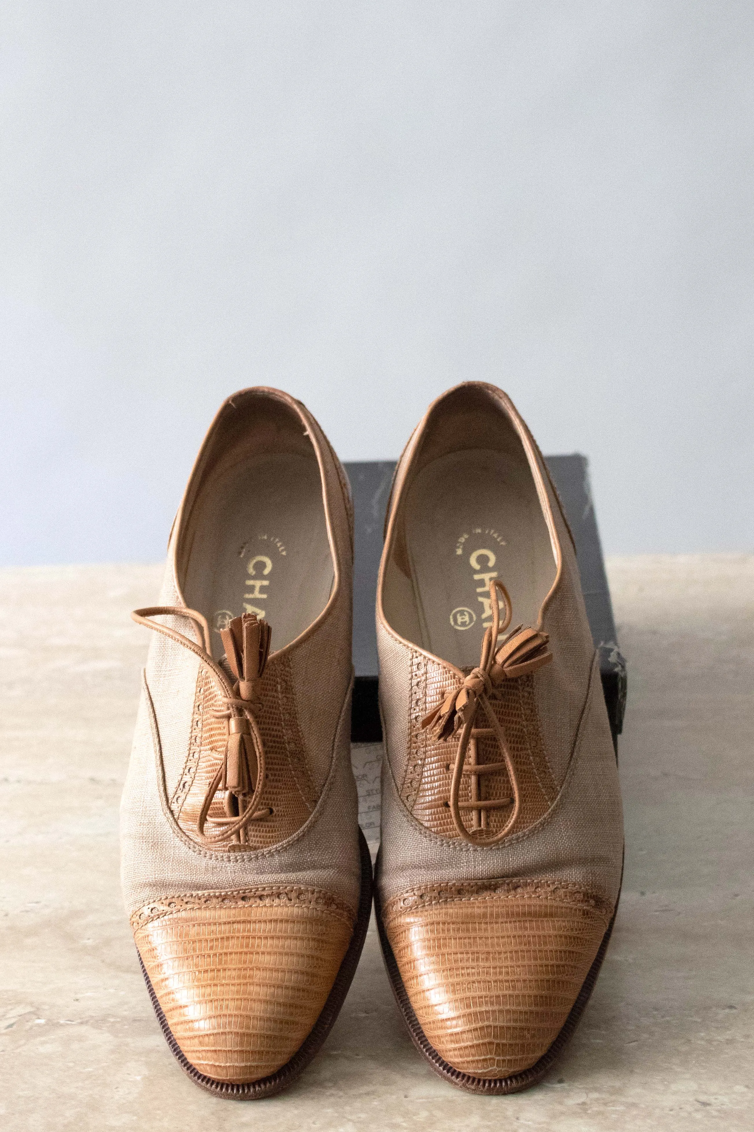 Chanel Brown Lizard and Canvas Flats