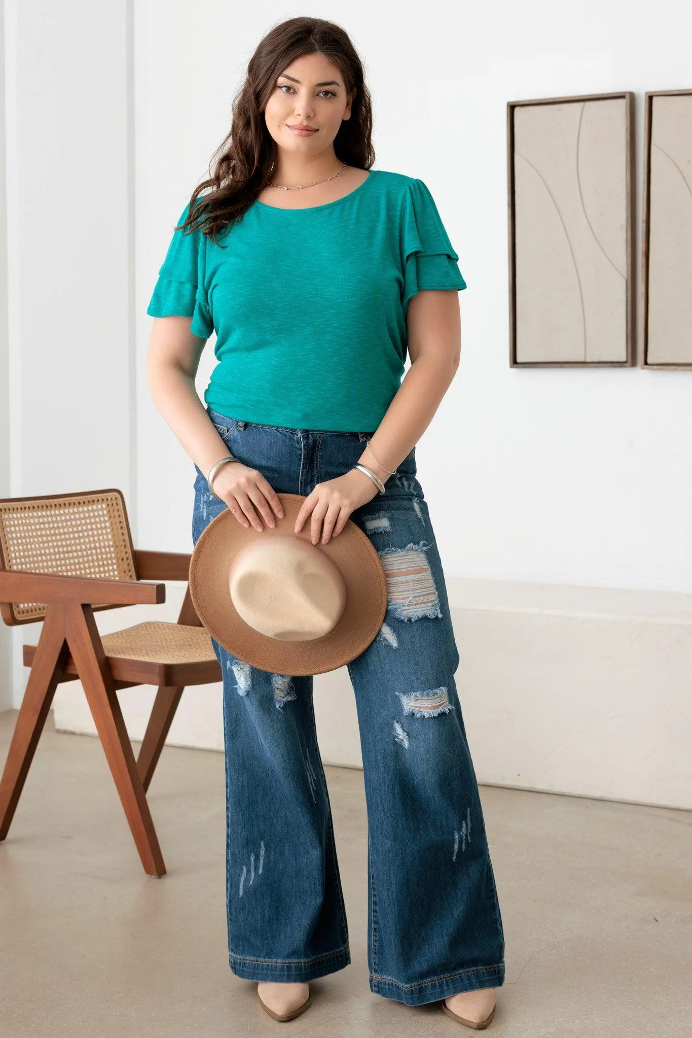 Plus Size Double Ruffle Short Sleeve Crew Neck Top