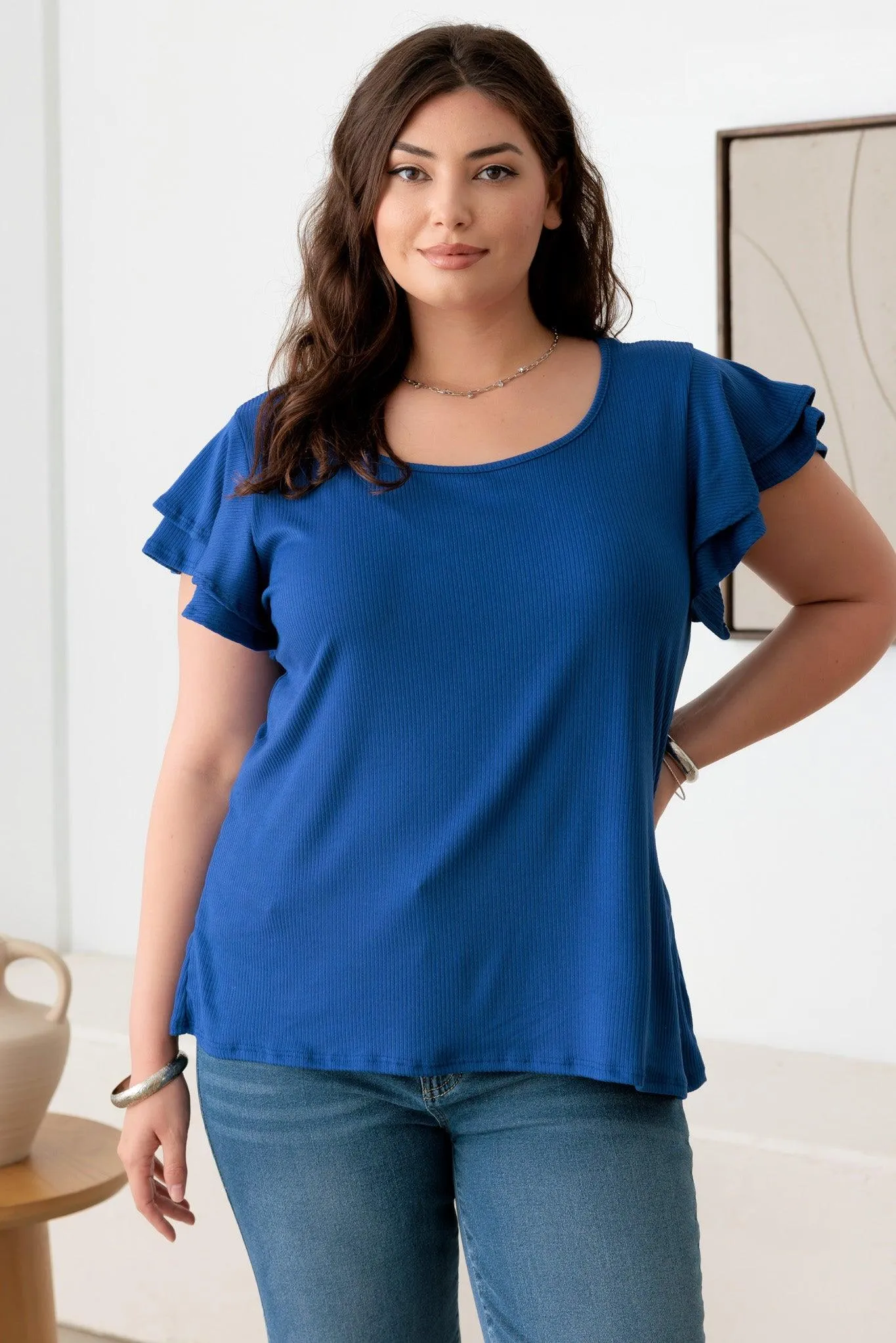 Plus Size Short fluttery sleeves Round Neck Top
