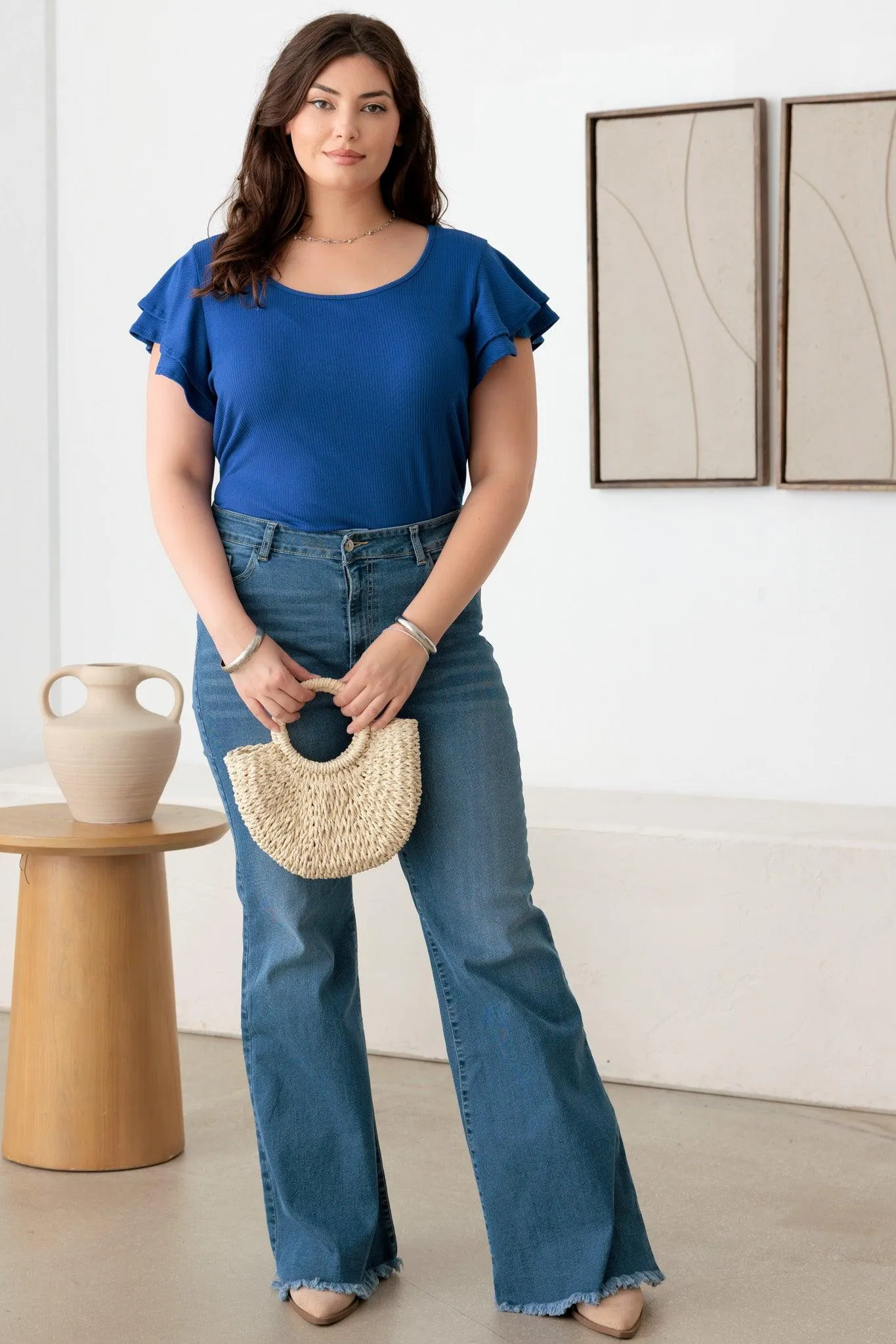 Plus Size Short fluttery sleeves Round Neck Top