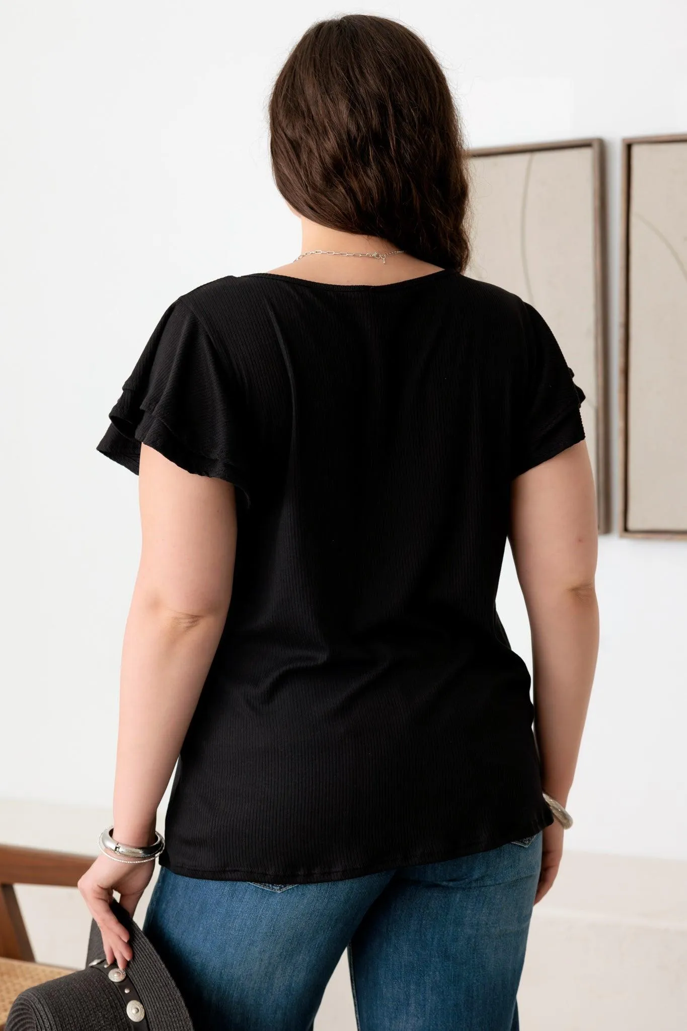 Plus Size Short fluttery sleeves Round Neck Top