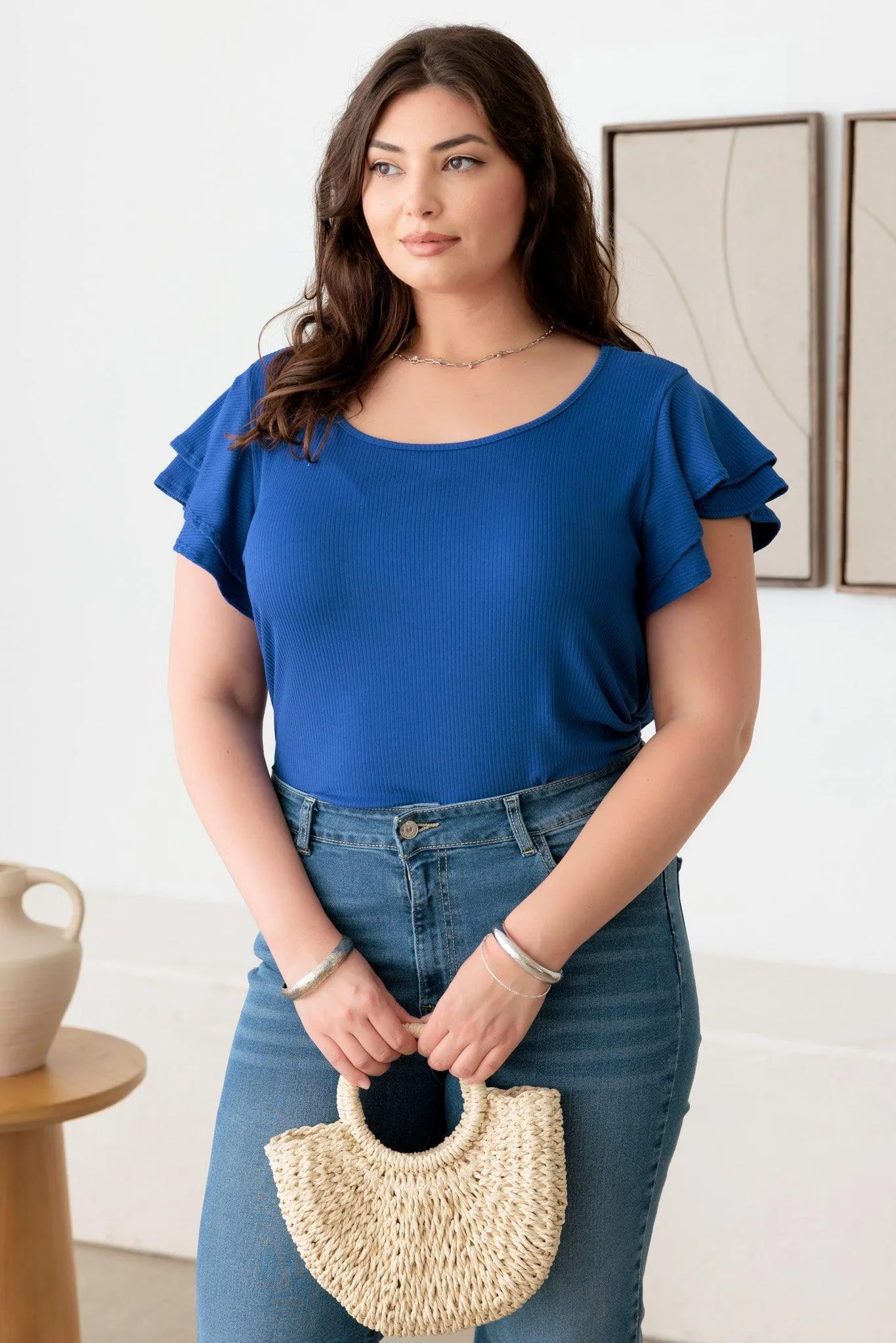 Plus Size Short fluttery sleeves Round Neck Top