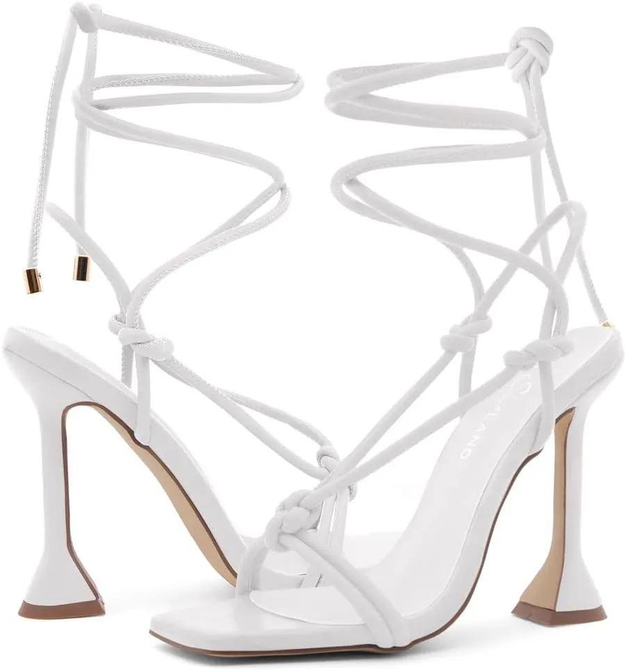 Shoe Land SL-Melody Women's Lace-Up Heels, Dressy Strappy High Heel Sandals, Square Open Toe with Tie-Up Ankle Wrap  Stiletto Heels for Prom, Party, and Wedding