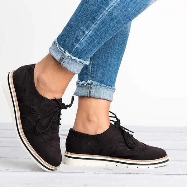 Women Classic Khaki Loafers Lace Up Perforated Oxfords Shoes