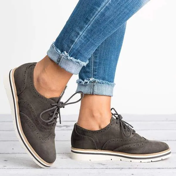 Women Classic Khaki Loafers Lace Up Perforated Oxfords Shoes