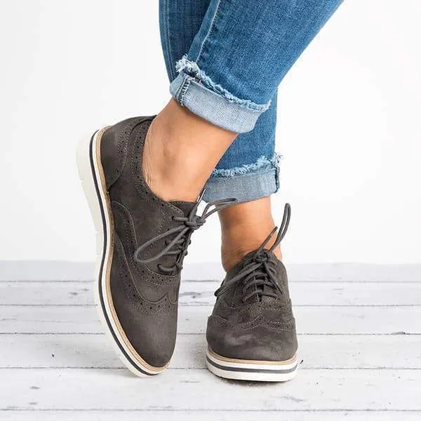 Women Classic Khaki Loafers Lace Up Perforated Oxfords Shoes