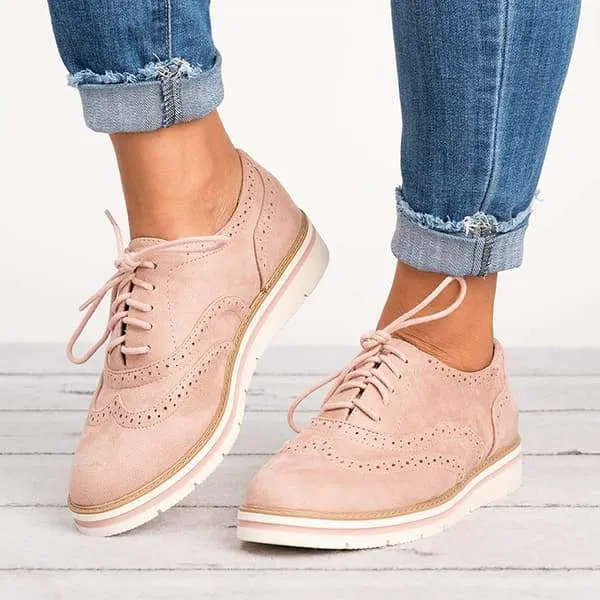 Women Classic Khaki Loafers Lace Up Perforated Oxfords Shoes