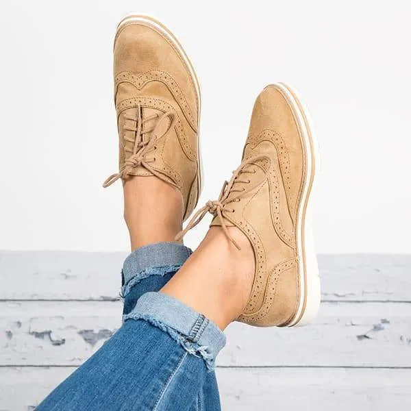 Women Classic Khaki Loafers Lace Up Perforated Oxfords Shoes